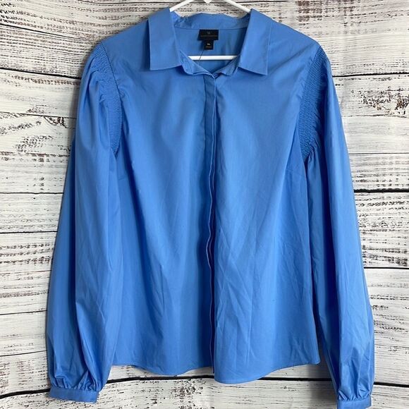 Worthington Top Womens Size XL Blue Puff Long Sleeve Button Up Blouse Cotton New - Picture 1 of 11